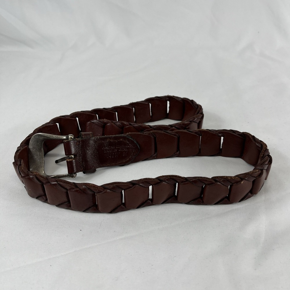 VTG Leather‎ Link Belt Men M Genuine Leather Bourbon Brown Metal Buckle Stitch - Picture 2 of 8